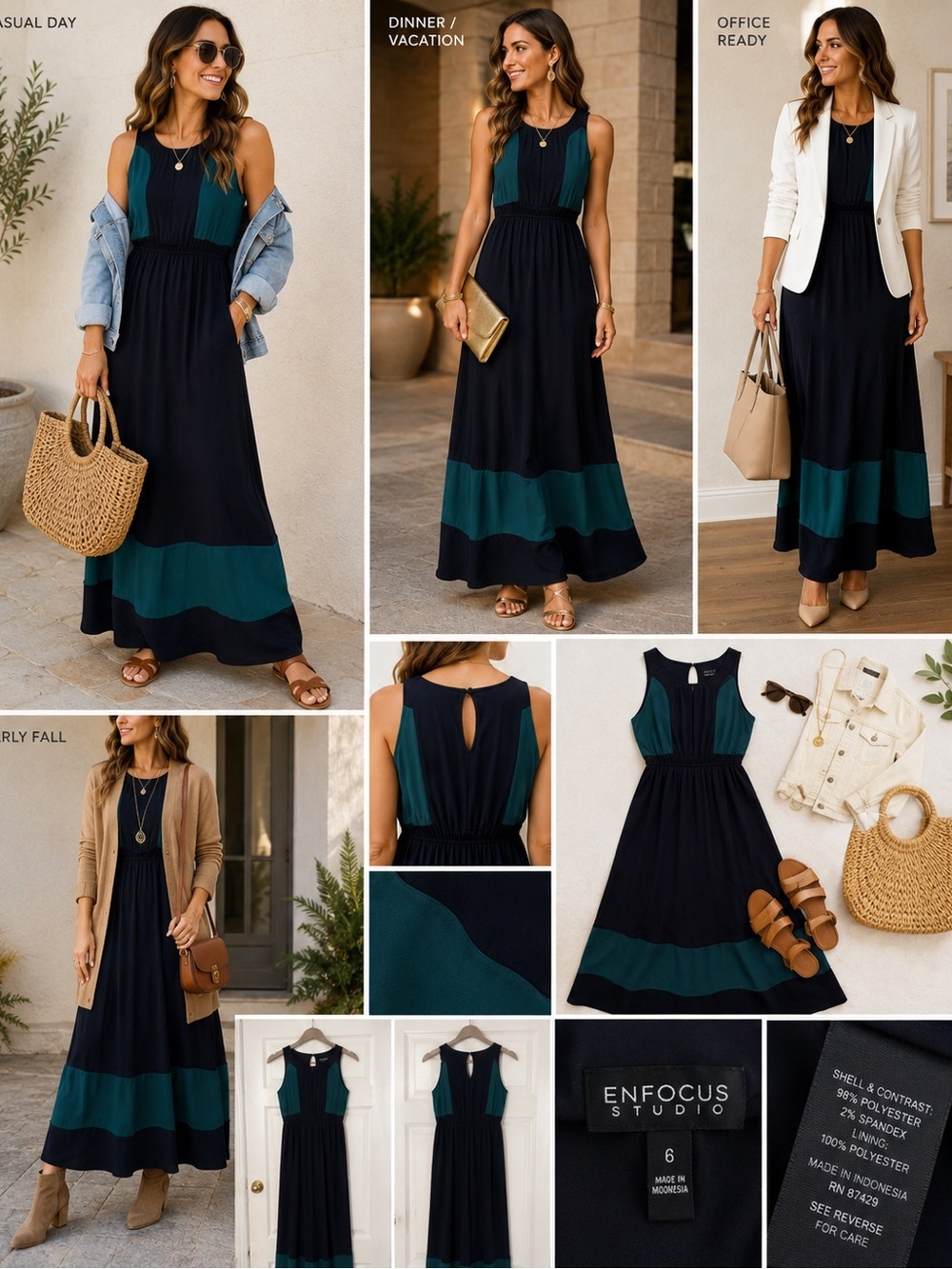 Enfocus Studio Teal and Black Colorblock Sleeveless Maxi Dress - Picture 6 of 6